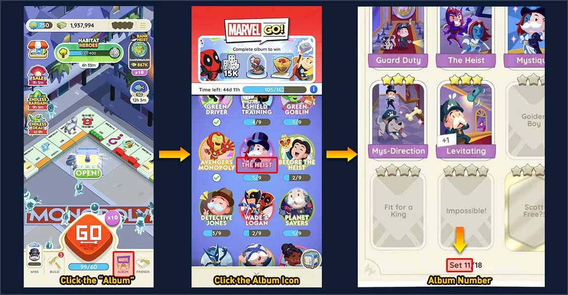 How to find the Monopoly Go Album Name and Set Number?